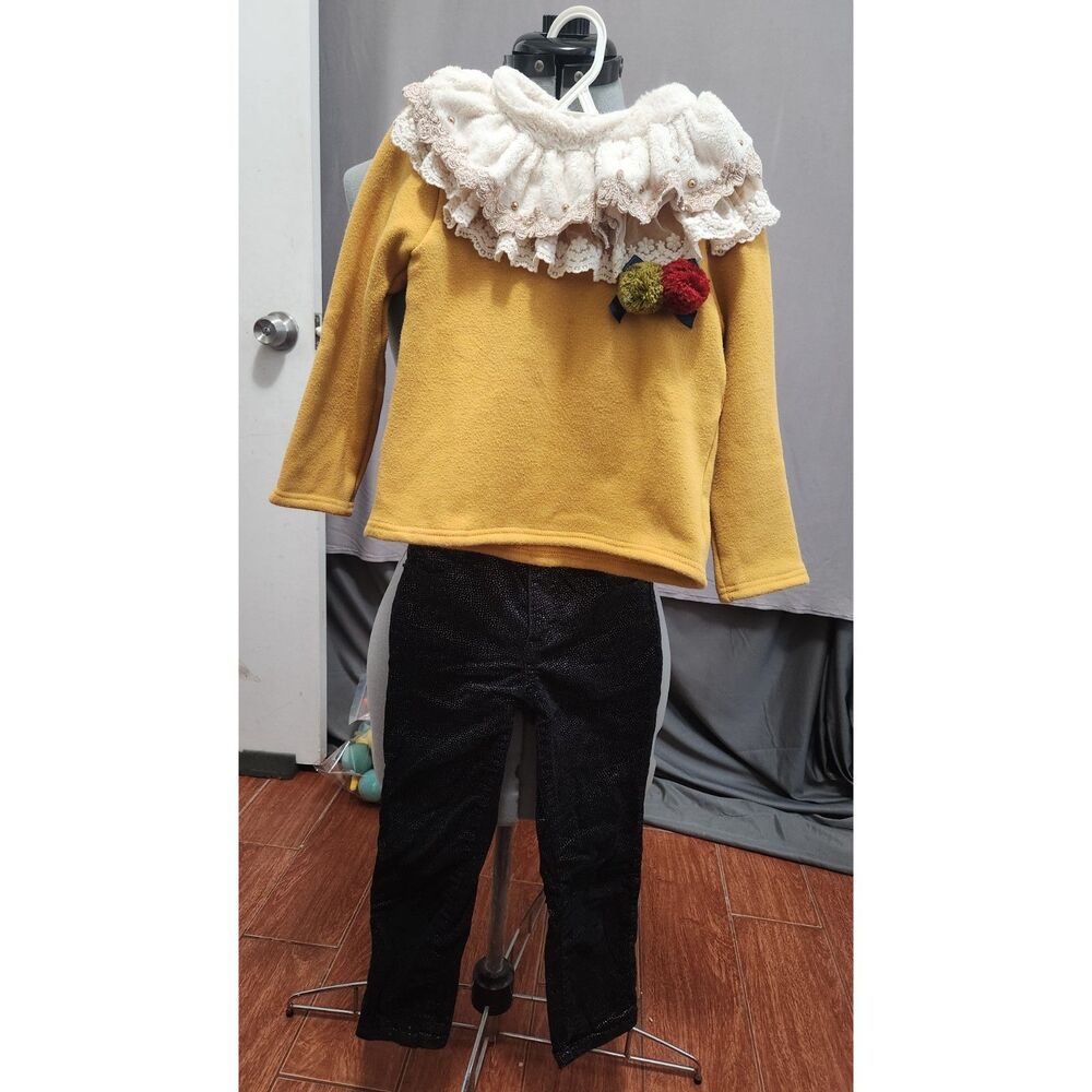 Princess Girls Outfit Set Mustard Yellow Lace Ruffle Collar Fleece Top Pants 5T